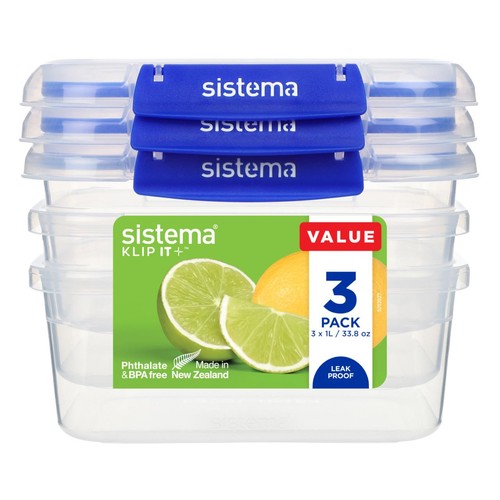 Sistema Klip It Plus 1L Containers 3 Pack Airtight Food Storage