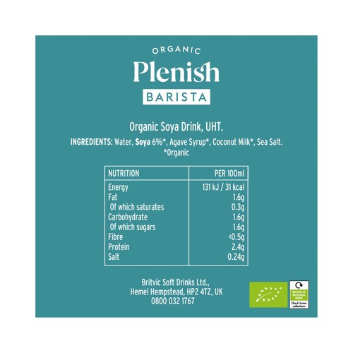 Plenish Organic Soya Barista Milk Long Life thumbnail 7