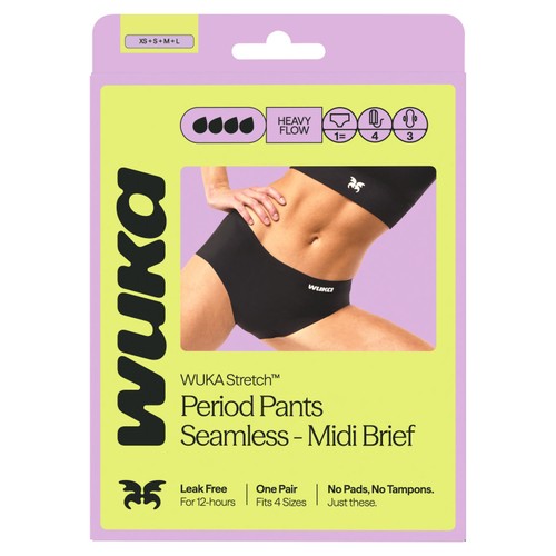 WUKA Stretch Seamless Period Pants, Midi Brief, Heavy Flow, Size XS - L