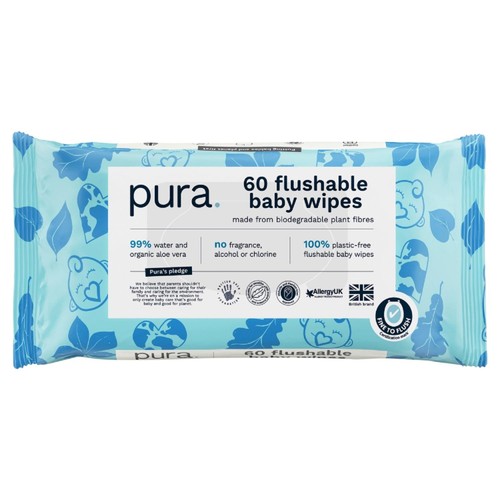Pura Plastic Free Flushable Baby Wipes 12 x 60pk thumbnail 6