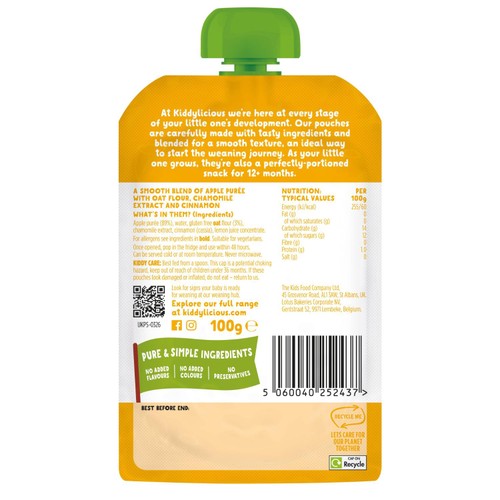 Kiddylicious Apple & Oat Bedtime Blend with Chamomile Pouch Baby Food 6m+ thumbnail 2