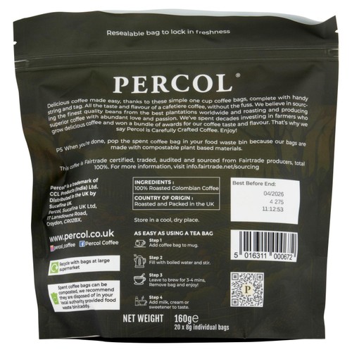 Percol Colombian Fairtrade Coffee Bags 20 Pack thumbnail 2