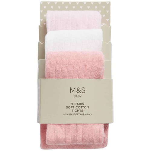 M&S Girls Cotton Rich Ribbed Tights, 6-12 Months, Light Pink, 3 Pack