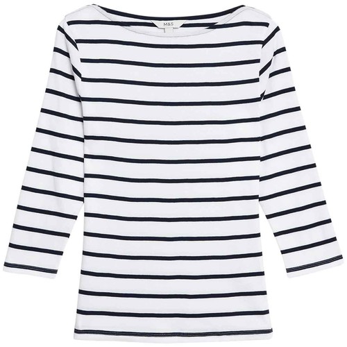M&S Womens Pure Cotton Slim Fit Top, 8, Mono Stripe