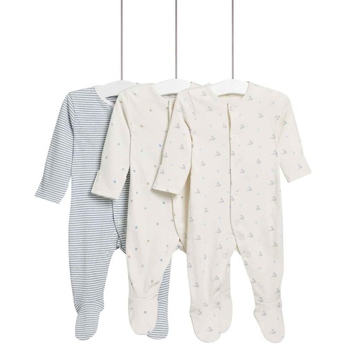 M&S Dog Popper Footed Sleepsuit, 3 Pack, 9-12 Months, Blue