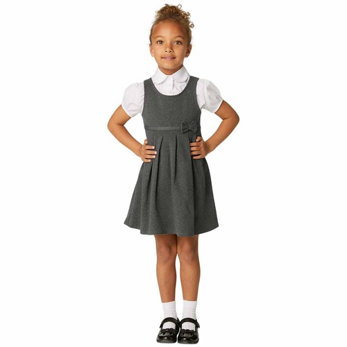 M&S Girls Jersey Bow School Pinafores, 5-6 Years, Grey thumbnail 2