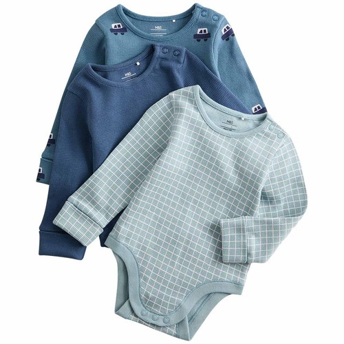 M&S Baby 3pk Pure Cotton Car Long Sleeve Bodysuits, 0-3 M Navy thumbnail 2