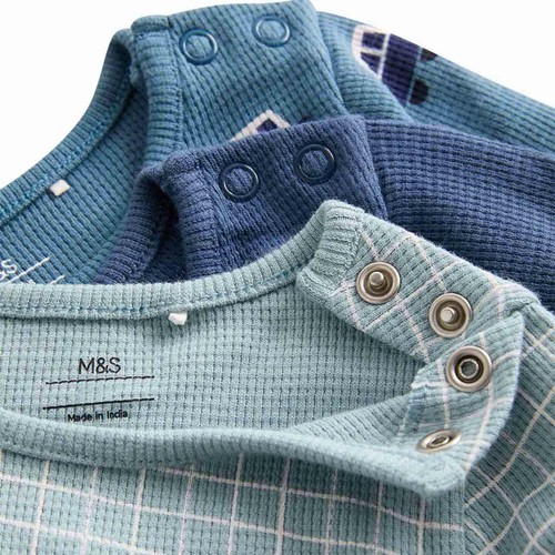 M&S Baby 3pk Pure Cotton Car Long Sleeve Bodysuits, 0-3 M Navy thumbnail 3