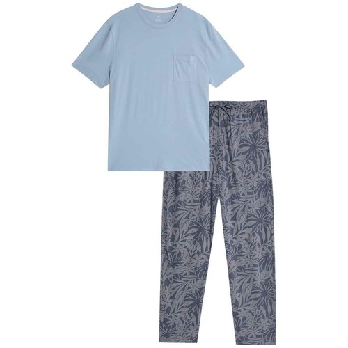 M&S Mens Pure Cotton Palm Print Pyjama Set, S, Light Blue thumbnail 2