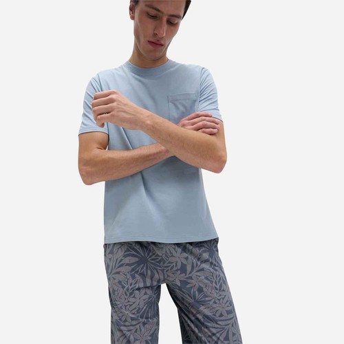 M&S Mens Pure Cotton Palm Print Pyjama Set, S, Light Blue thumbnail 3