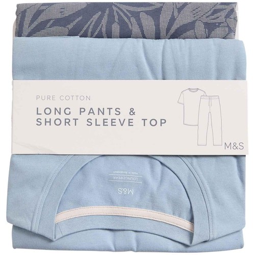 M&S Mens Pure Cotton Palm Print Pyjama Set, L, Light Blue
