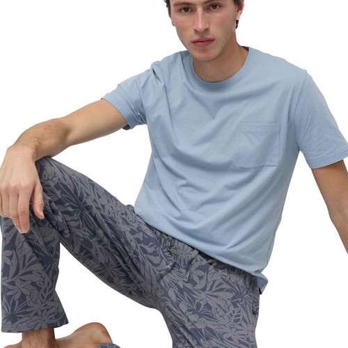 M&S Mens Pure Cotton Palm Print Pyjama Set, XL, Light Blue thumbnail 5