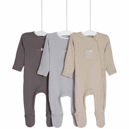 M&S Collection Girls, Cotton Striped & Plain Sleepsuits, Newborn Mid Grey thumbnail 2