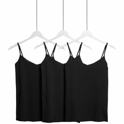 M&S Womens Cotton Rich Strappy Vests, 18, Black