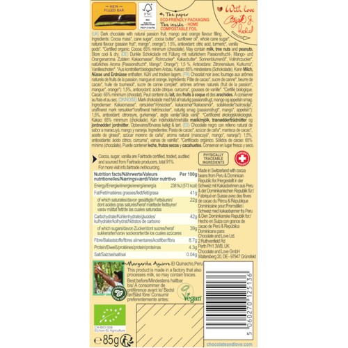 Chocolate and Love Organic Passion Fruit 65% Filled Dark Chocolate thumbnail 2