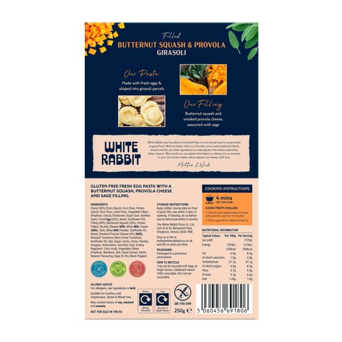 White Rabbit Gluten Free Butternut Squash & Sage Fresh Girasoli Pasta thumbnail 2
