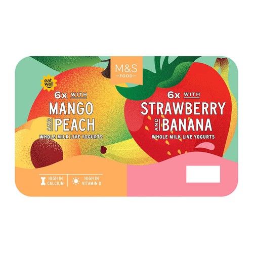 M&S 6 x Mango & Peach & 6 x Strawberry & Banana Whole Milk Live Yogurts thumbnail 2