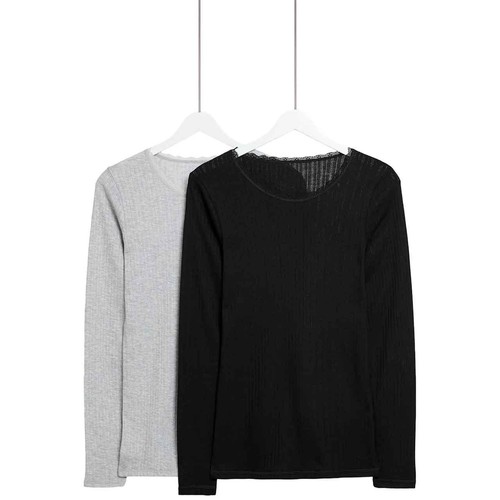 M&S Womens Pointelle Thermal Long Sleeve Tops, 12, Black