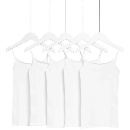 M&S Girls 5pk Cotton Cami Tops, White, 9-10 Years