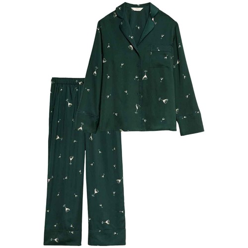 M&S Womens Dream Satin Cocktail Print Pyjama Set, 14, Light Green