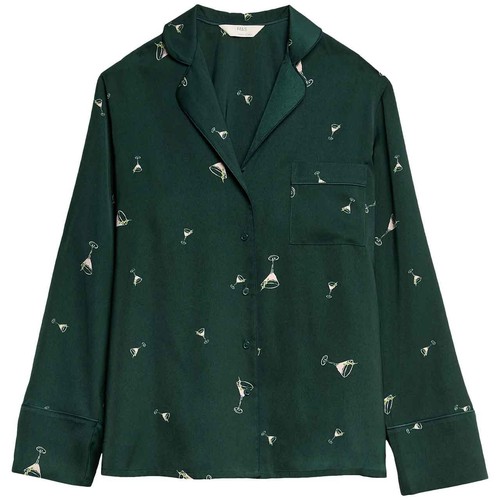 M&S Womens Dream Satin Cocktail Print Pyjama Set, 14, Light Green thumbnail 3