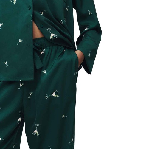 M&S Womens Dream Satin Cocktail Print Pyjama Set, 14, Light Green thumbnail 8