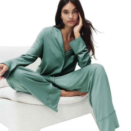 M&S Womens Cotton Modal Revere Pyjama Set, S, Green thumbnail 3