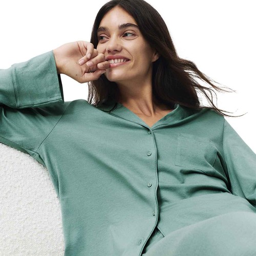 M&S Womens Cotton Modal Revere Pyjama Set, S, Green thumbnail 4