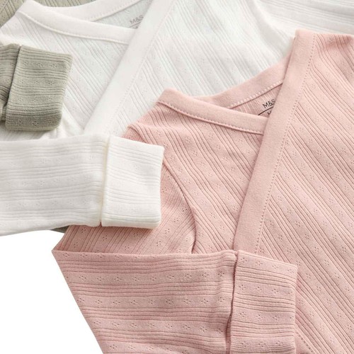 M&S Girls Pure Cotton Wrap Bodysuits, 0-3 M, Khaki thumbnail 2