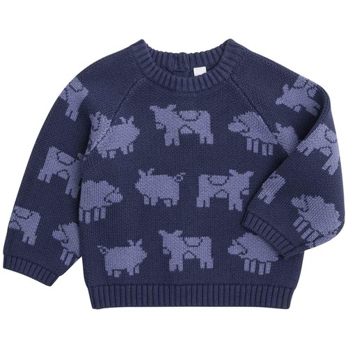 M&S Boys Pure Cotton Cow Motif Knitted Jumper, 0-3 Months, Navy thumbnail 2
