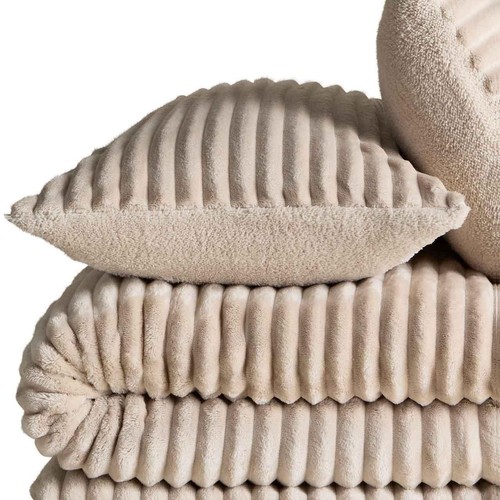 M&S Cloud Fleece Striped Bedding Set Super King Size, Neutral