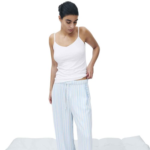 M&S Womens Twill Wide Leg Pyjama Bottoms, 14, Blue thumbnail 2