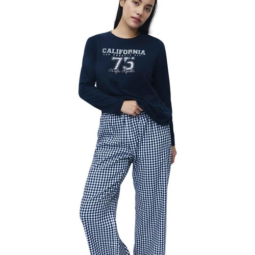 M&S Womens Pure Cotton Printed Long Sleeve Pyjama Set, M, Navy thumbnail 2