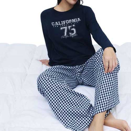 M&S Womens Pure Cotton Printed Long Sleeve Pyjama Set, L, Navy thumbnail 3