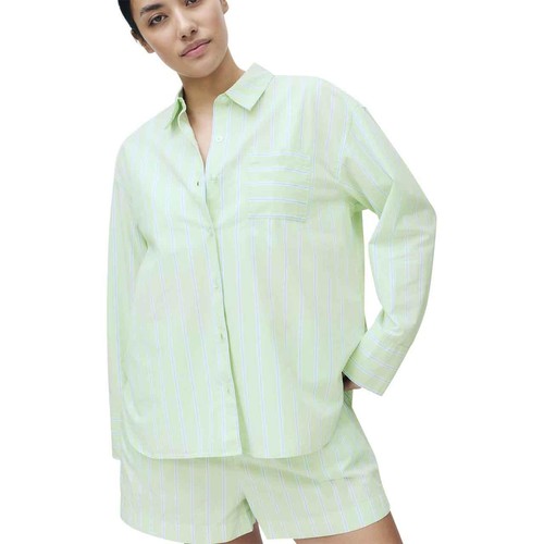 M&S Womens Pure Cotton Poplin Striped Pyjama Top, 18, Green thumbnail 2
