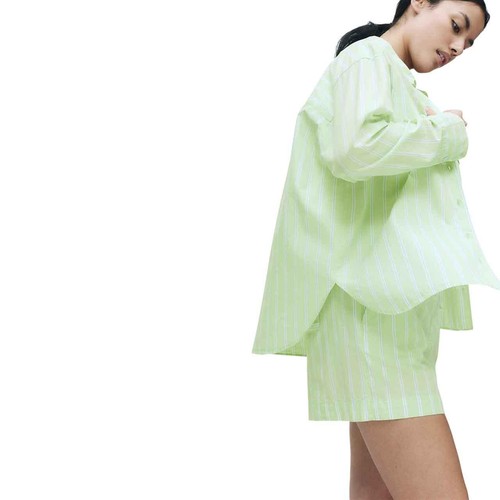 M&S Womens Pure Cotton Poplin Striped Pyjama Top, 8, Green thumbnail 5