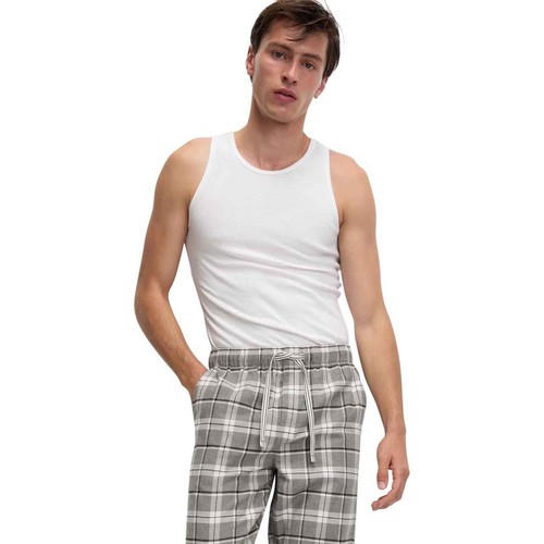 M&S Mens Pure Cotton Checked Loungewear Bottoms, S, Grey Mix thumbnail 2