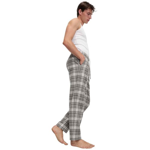 M&S Mens Pure Cotton Checked Loungewear Bottoms, XL, Grey thumbnail 5
