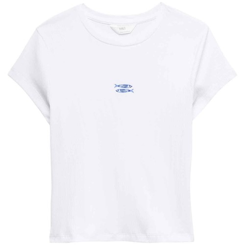 M&S Womens Cotton Modal Ribbed Pyjama T-Shirt, XL, Blue Mix