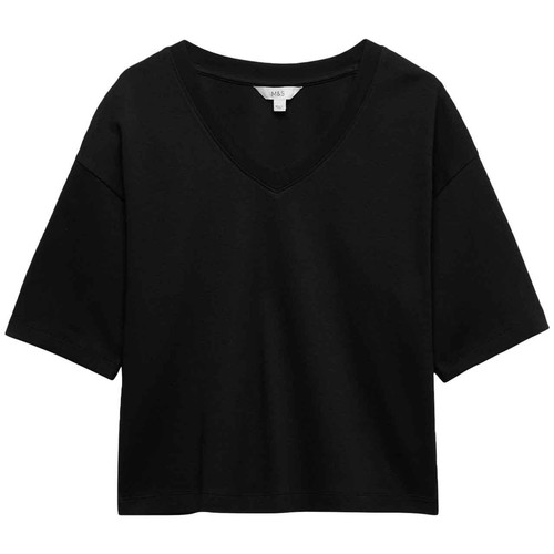 M&S Womens Pure Cotton Heavyweight V-Neck Top, Size 16, Black