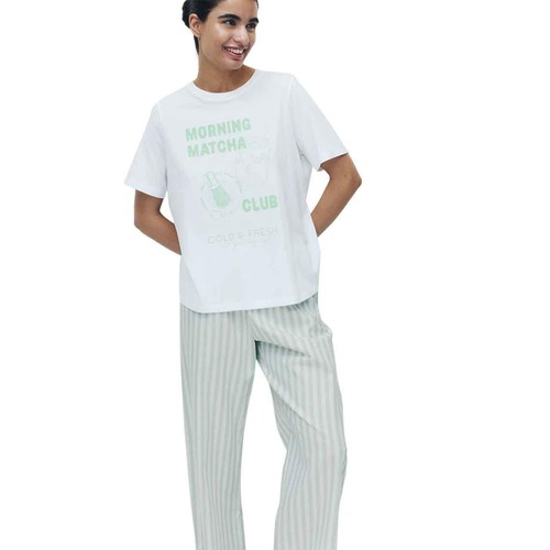 M&S Womens Pure Cotton Pyjama Set With Woven Bottoms, XL, Green Mix thumbnail 2