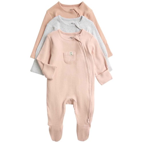 M&S Unisex Cotton Rich Ribbed Sleepsuits, 12-18 M, Blush thumbnail 2