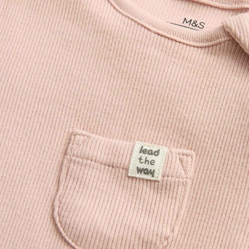 M&S Unisex Cotton Rich Ribbed Sleepsuits, 18-24 M, Blush thumbnail 3