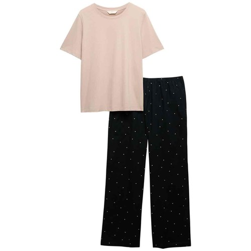M&S Womens Pure Cotton Pyjama Set With Woven Bottoms, Medium, Black Mix