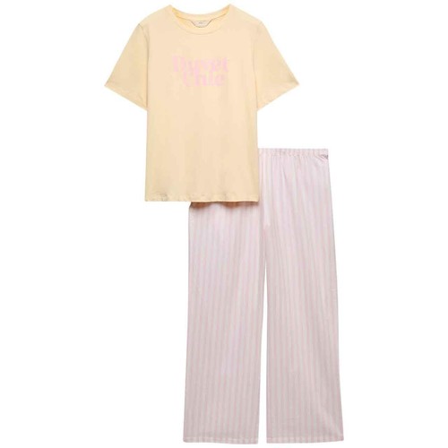 M&S Womens Pure Cotton Pyjama Set With Woven Bottoms, XL, Yellow