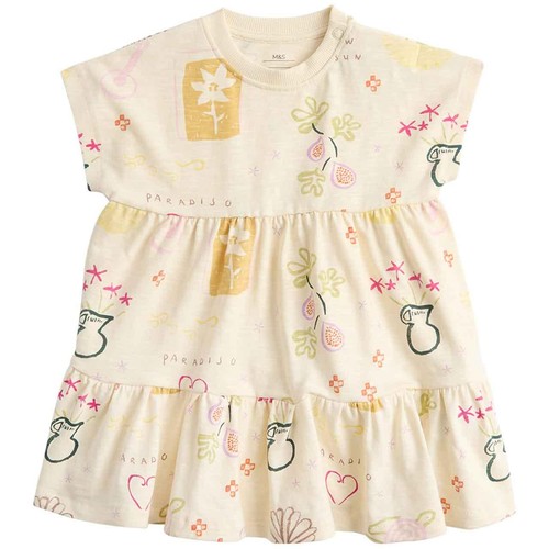 M&S Cotton Jersey All-Over-Print Dress, 3-6 Months, Cream