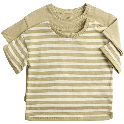 M&S Boys Pure Cotton Stripe T-Shirts, 6-9 Months, Khaki thumbnail 2