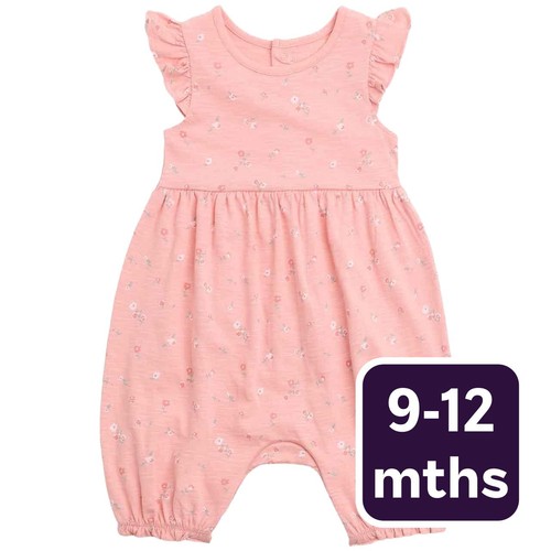 M&S Cotton Floral Romper, 9-12 Months, Pink