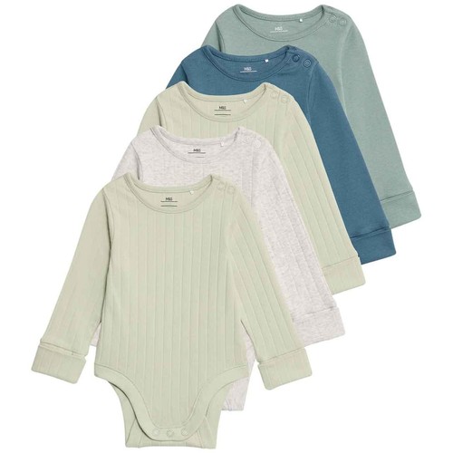 M&S Boys Cotton-Rich Rib Long Sleeve Bodysuits 6-9 Months Green Mix thumbnail 2