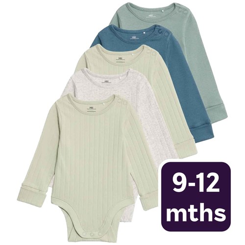 M&S Boys Cotton-Rich Rib Long Sleeve Bodysuits 9-12 Months Green Mix